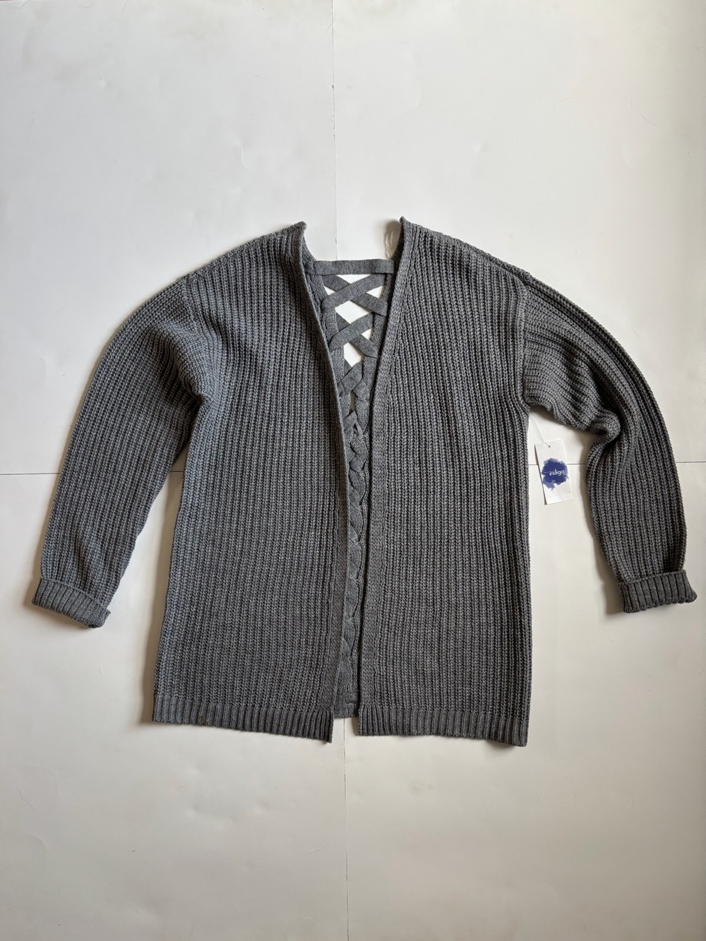 Indigo Light Gray Ribbed Knit Open-Front Cardigan
